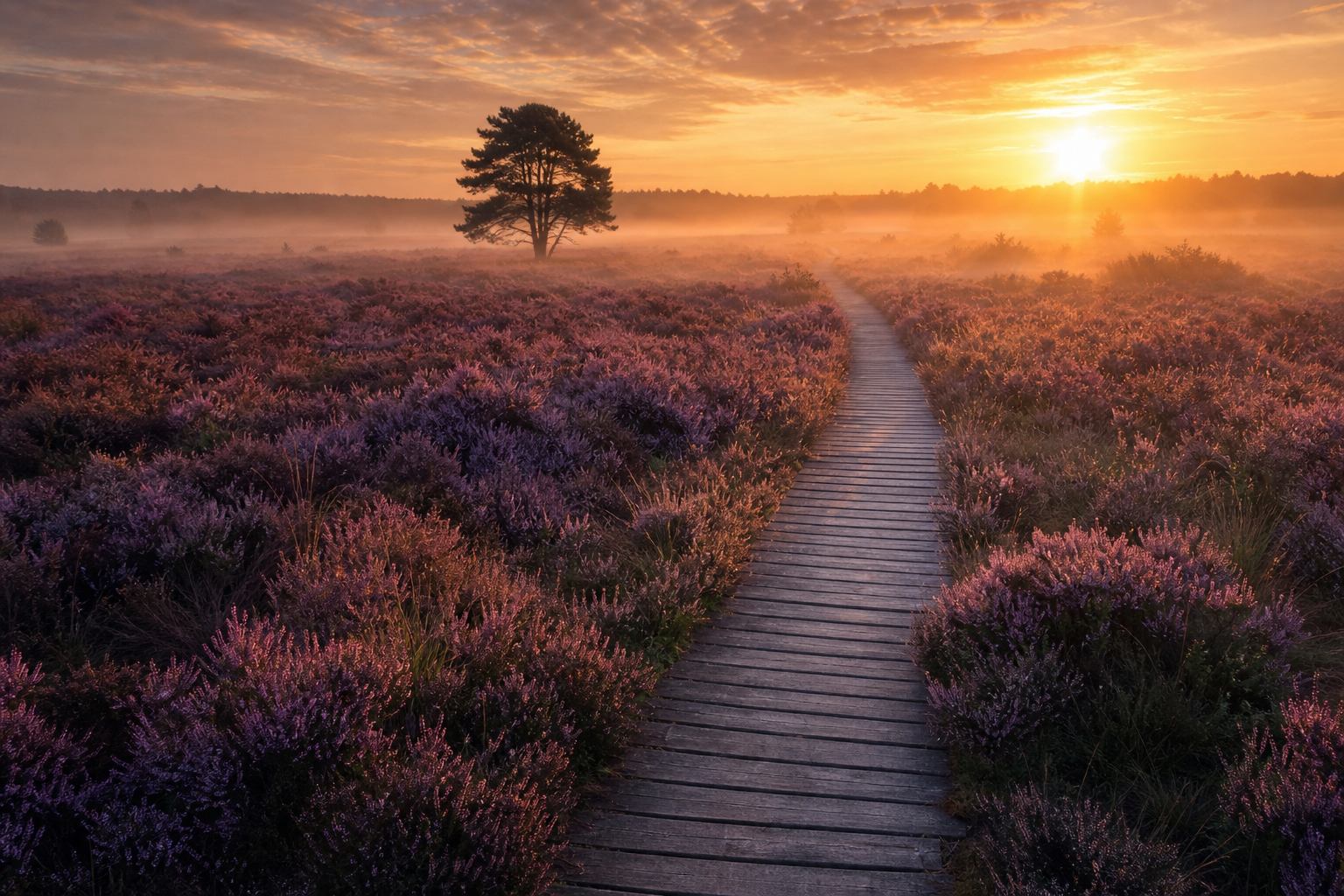 Blühende Heide bei Sonnenuntergang mit Holzsteg und leichtem Nebel